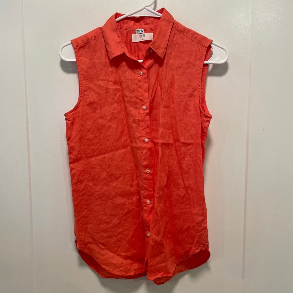 Uniqlo Womens XS Coral Orange 100% Linen Sleeveless Button Down Shirt 405320